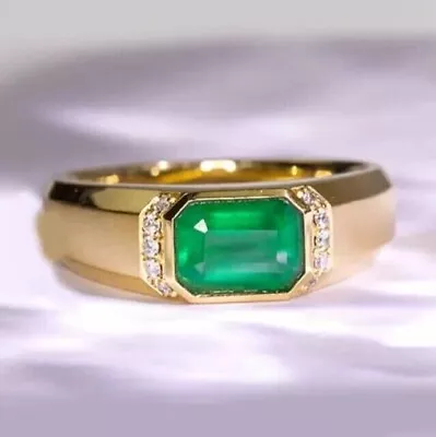 Lab Created Green Emerald 2Ct Emerald Men's Wedding Ring 14K Yellow Gold Plated • $105