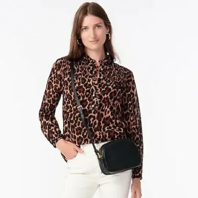 J. Crew Womens Top Size XS Smocked Popover Leopard Crinkle Chiffon AS436 • $34.99