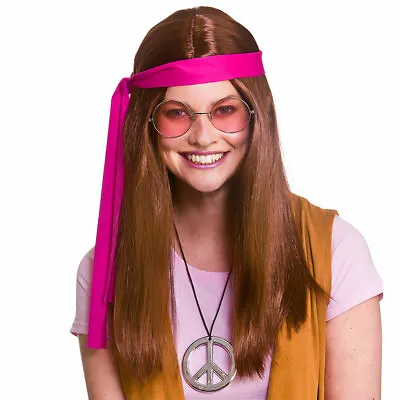 £10.99 • Buy Hippie Kit Adults 1960s Retro Hippy Fancy Dress Brown Wig Glasses Medallion Men