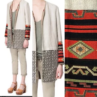 Zara Tribal Combination Linen Coat Rare Boho Ethnic Textiles Jacket Size Medium • $63.13