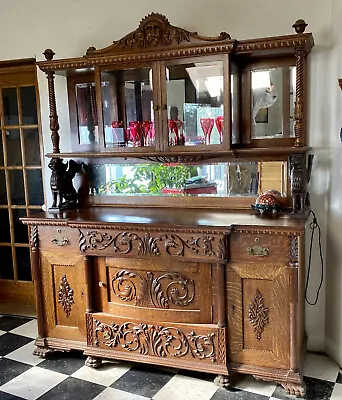 Massive Horner Carved Oak Sideboard With Mirror Cabinet & Winged Griffins. • $2950