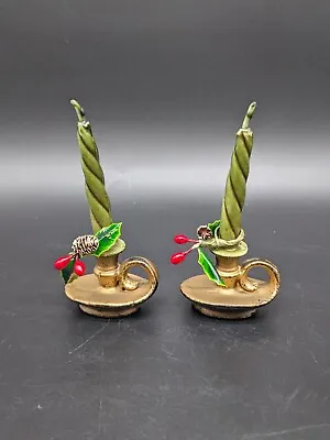 Vintage Gurley Christmas Candles Candlestick Set Of 2 Gold Green Pinecone Holly • $16.99