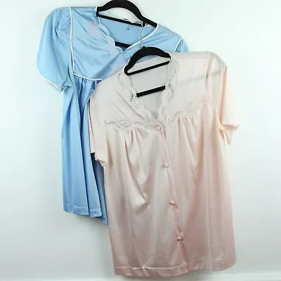 Two Vintage 60s Nylon Pajama Tops Babydoll Pink Blue S M Vanity Fair Shirt • $15.40