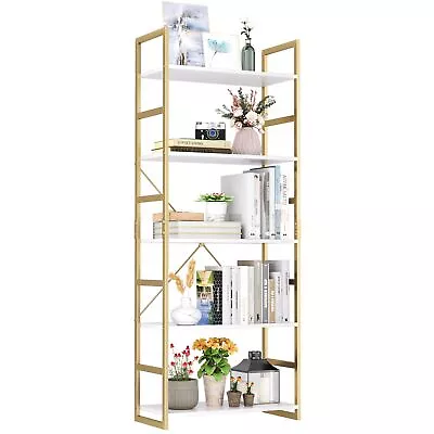 5 Tier Bookshelf Industrial Gold Bookcase With Metal Frame Modern Display S... • $99.91