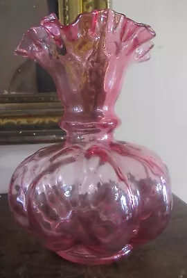 Vintage Fenton Melon Style Optic 8  Cranberry Glass Ruffled Edge Vase 1960 • $24.99