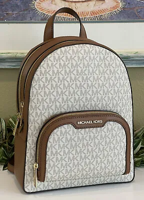 Michael Kors Jaycee Medium Zip Pocket Backpack Bag Tote Mk Vanilla Logo Leather • $117.99