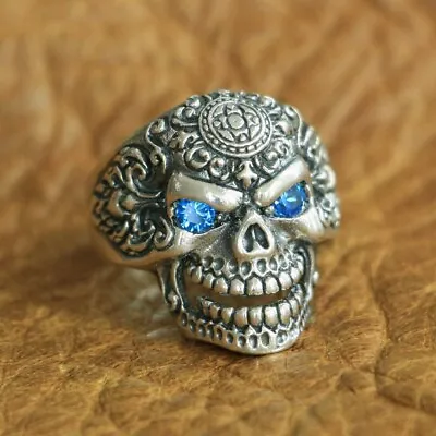 Blue CZ Eyes 925 Sterling Silver Skull Mens Biker Gothic Ring Punk Jewelry TA126 • $55