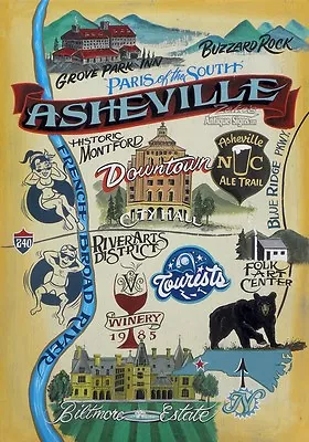 Asheville North Carolina Retro Map  Print Retro Style Map Biltmore Estate Art • $28.50