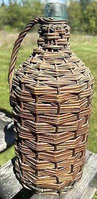 Vintage Wicker Rattan Wrapped Aqua Blue Glass Liquor Bottle Jug Woven 15 1/2  • $69.99