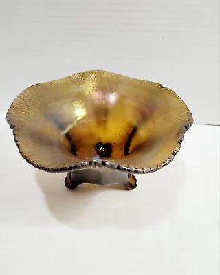 Signed Art Glass Bowl Iridescent Amber Stretch Dion Myers Footed Dish Vintage  • $27.95