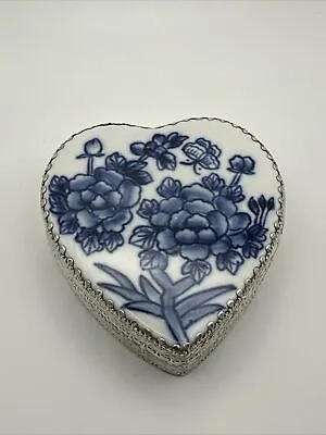 Vintage Shard Shaped Heart Trinket Box Blue White Porcelain Flower Metal Mirror • $20
