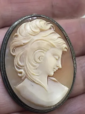 Vintage 800 Silver Shell Cameo Brooch Pendant Of A Sad Classic Lady • $39.99