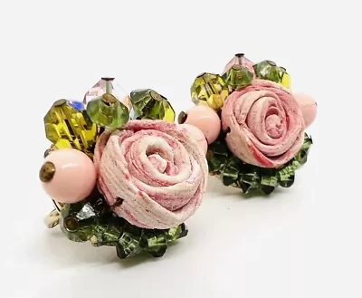 VENDOME Olivine Faceted Crystal Pink Rosette Earrings Signed Vintage Jewelry • $68.50