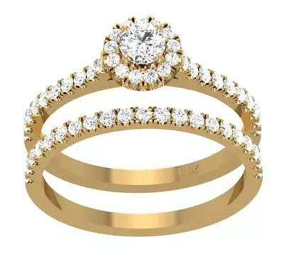 Halo Engagement Matching Wedding Ring Set Round Diamond 0.95 Ct 14K Yellow Gold • $923.99