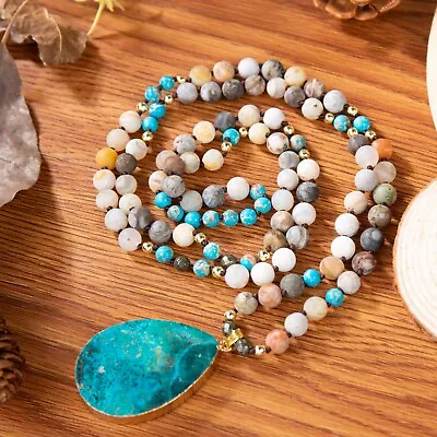 Mala Natural Amazonite Stone Beaded Necklace Raw Turquoise Gemstone Pendant Gift • $18.99