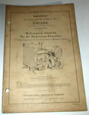 IH Continental Engine For McCormick Deering 61 Harvester Thresher Op&Part Manual • $14.99