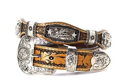 Western Unisex Belt Cowboy Silver Concho Bullrider Tan Brown Floral Pant Size 30 • $79.99