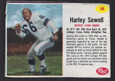 1962 Post Cereal Football Card #60 Harley Sewell Detroit Lions Offensive Guard • $4.95