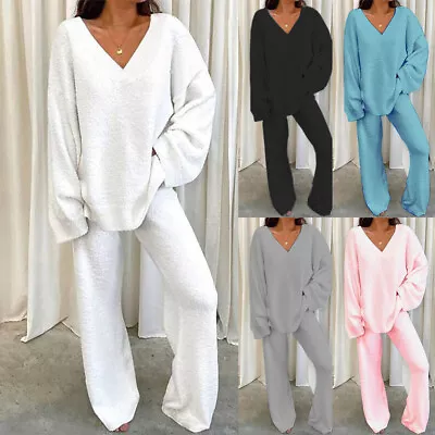 2PCS Women Teddy Fleece Fluffy Pyjamas Tops Pants Tracksuit Nightwear Loungewear • £4.89