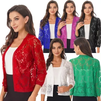 Women 3/4 Sleeve Bolero Shrugs Crochet Lace Open Cardigan Sweater Party Cover Up • $15.89