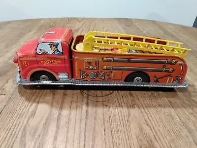 Vintage Louis Marx Co Ladder Fire Truck VFD #1 Tin Friction Lithographed Red • $79.99
