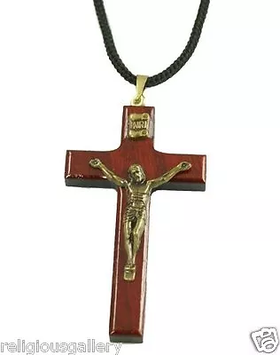 Mens Cherry Wood Cross Necklace Crucifix Pendant Rope Jewelry Catholic Favor • $13.99