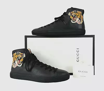 Gucci NIB Auth Men 8.5 9.5 US 8 9 UK 42 43 Black Tiger Appliqued Sneakers Shoes • $227