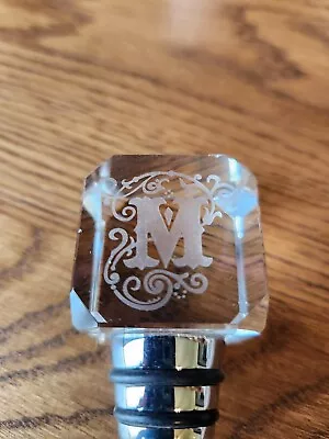 Etched Monogram Letter    M      cystal Glass Square Wine Bottle Stopper • $10.99