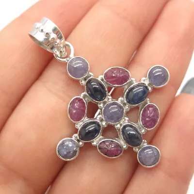 925 Sterling Silver Vintage Tanzanite Sapphire Ruby Gem Cross Pendant • $45.99