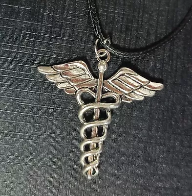 Silver Caduceus Medical Symbol Necklace Pendant Gift Charm Jewellery Cord Uk • £3.75