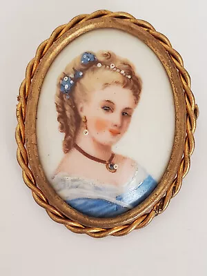 Vintage Limoges France Goldtone Porcelain Painted Lady Oval Brooch • £19.28