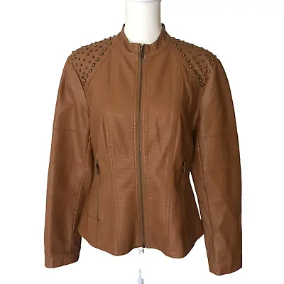 V Cristina Faux Leather Studded Textured Jacket Brown Camel Size Medium • $29.98