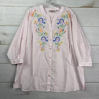 Quacker Factory Top Womens 1X Pink Striped Floral Embroidered Button Up Spring • $29.88