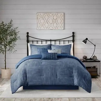 Madison Park Comforter Set 7-Pcs Polyester Seersucker Weave Navy Blue Queen • $91.06