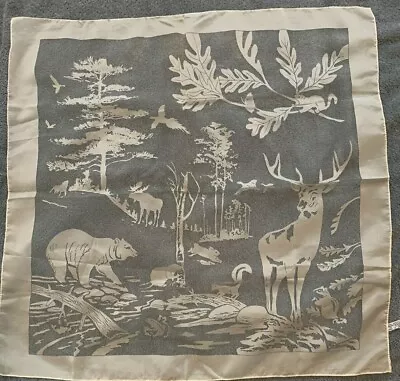 Vintage Japan SCARVE Scenery WOODS Wildlife Animals STAG BEAR FOX Moose Textile • $49