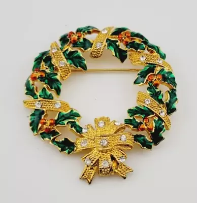 Monet Vintage Christmas Wreath Brooch Pin Gold Tone Red Green Enamel #13 • $15