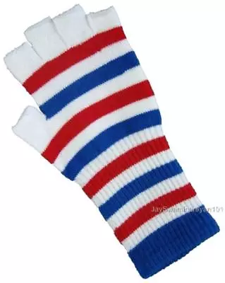 Striped Knit Fingerless Winter Gloves White Red Blue Flag Colors • $8.99