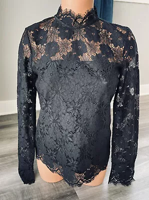 H&M Black Lace Blouse Size XS Mock Neck Long Sleeve • $19.13