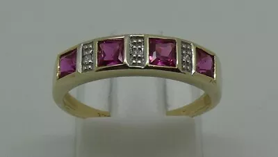 Solid 9ct Yellow Gold Diamond & Created Ruby Dress Ring - Size O • $174