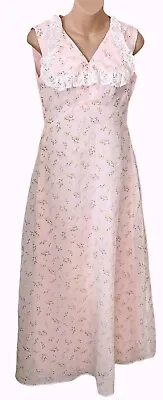 Vintage 60's 70's Pink Flocked Daisies Bridesmaid Sleeveless Prom Dress Boho  10 • $69