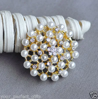 £10.92 • Buy 5 Rhinestone Button Brooch Gold Pearl Crystal Wedding Brooch Bouquet Cake BT530