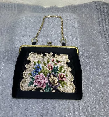 Vintage Evening Bag Cross Stitch Jewel Kiss Lock Gold • $19.90