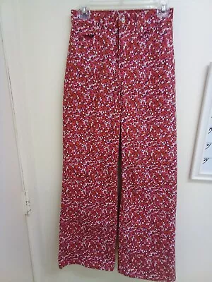 H&M Divided Pink Floral Wide Leg Denim Jeans 70s Look Woman`s Size 4 • $12