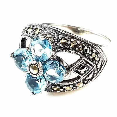 (SIZE 6789)  BLUE TOPAZ FLOWER RING Marcasite .925 STERLING SILVER • $22