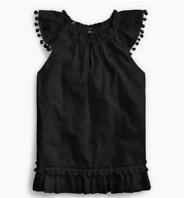 J.Crew Black Eyelet Embroidered Pom Pom Top In Cotton Poplin Size XS • $11.40