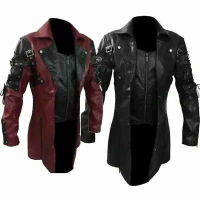 Rave Jacket Men's Gothic Leather Goth Steampunk Trench Coat Halloween • $61.01