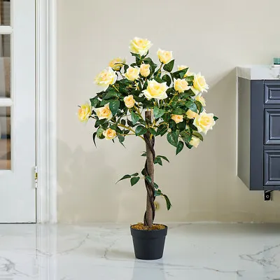 Yellow Artificial Rose Flowers Tree Potted Fake Plant Home Office Garden Decor • £30.95
