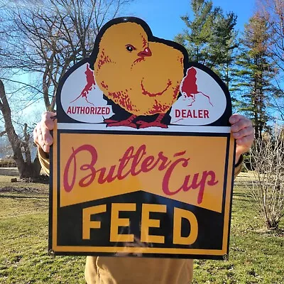 Large Vintage Buter-cup Feed Porcelain Heavy Metal Sign Chicken Animal 24  X 18  • $379