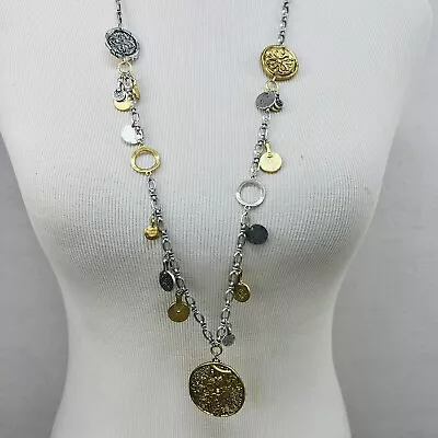 Chicos Medallion Necklace Coins Round Tokens Mixed Metal Gold Tone Silver 40  • $18