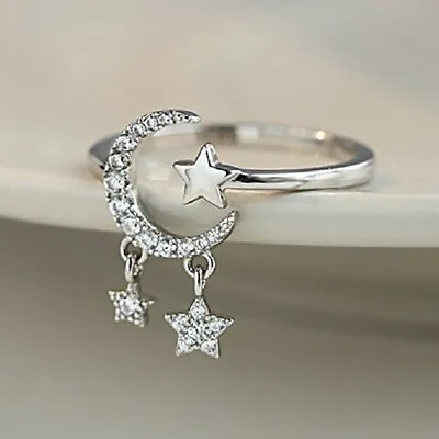 Zircon Ring 925 Silver Moon&Star Tassesl Knuckle Ring Open Women Jewelry • £3.53